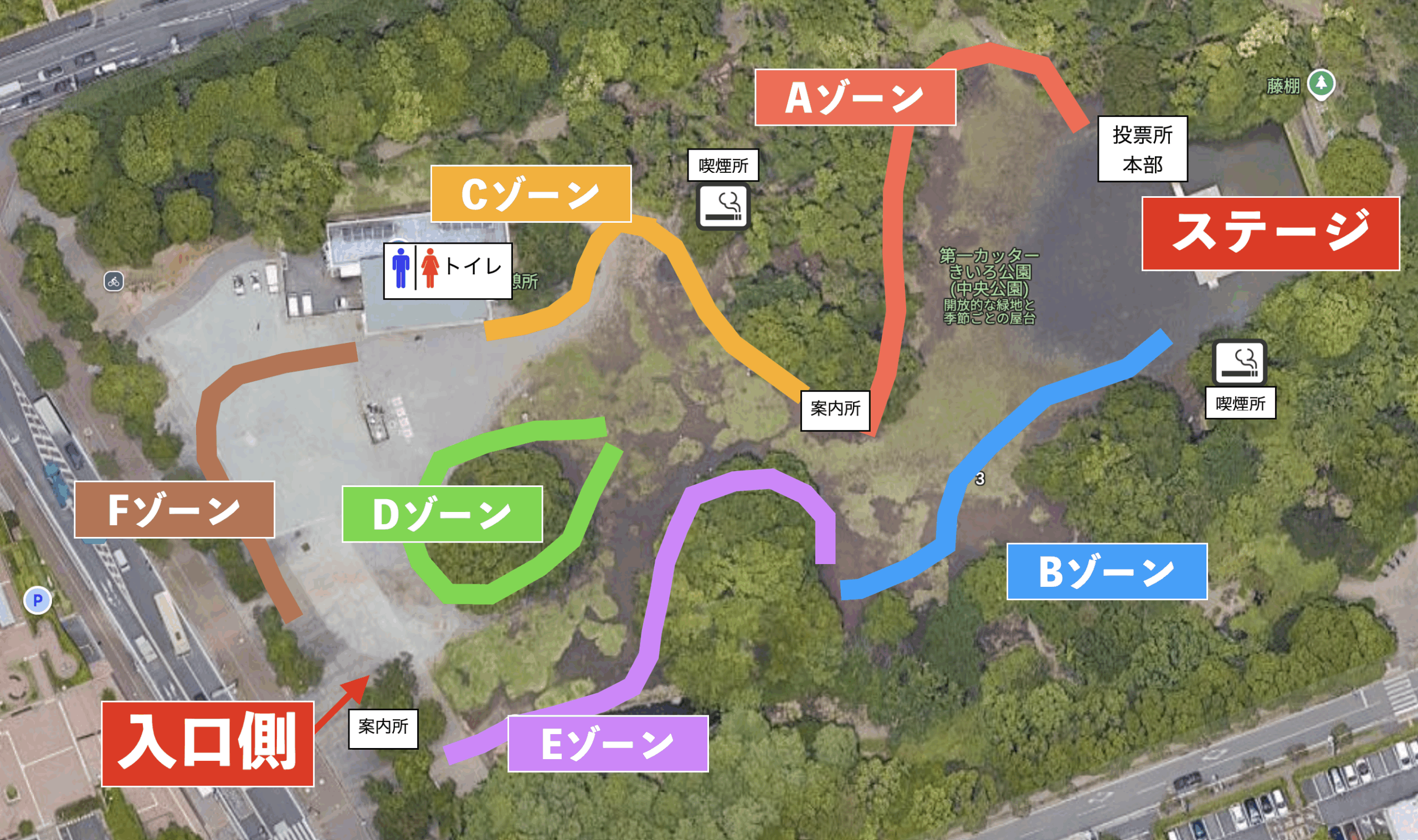 キッチンカー配置図マップ（A〜Fゾーン、ステージや投票所の位置）