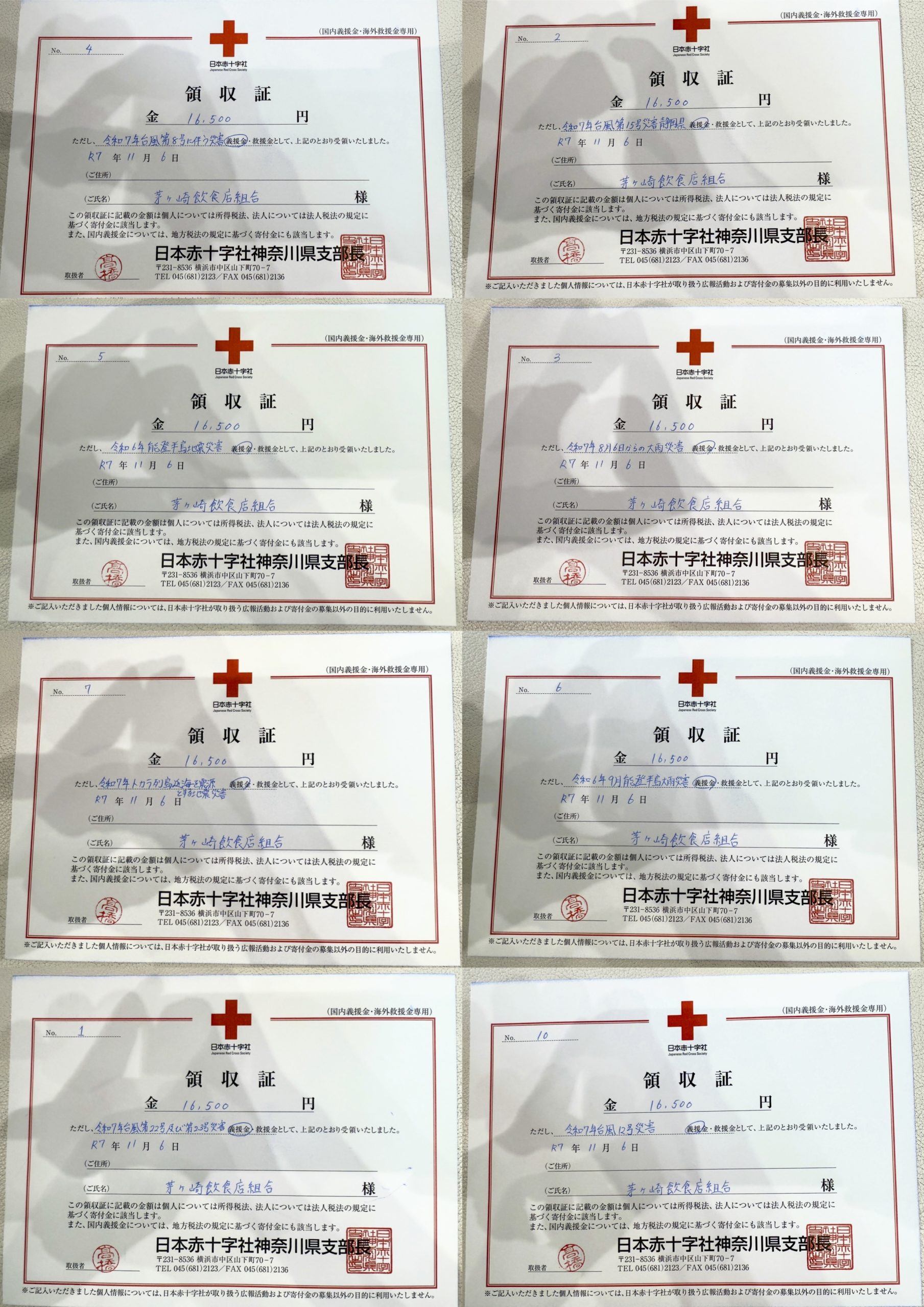 日本赤十字社 神奈川県支部からの領収証（第2回キッチンカーNo.1グランプリ チャリティー投票寄付）